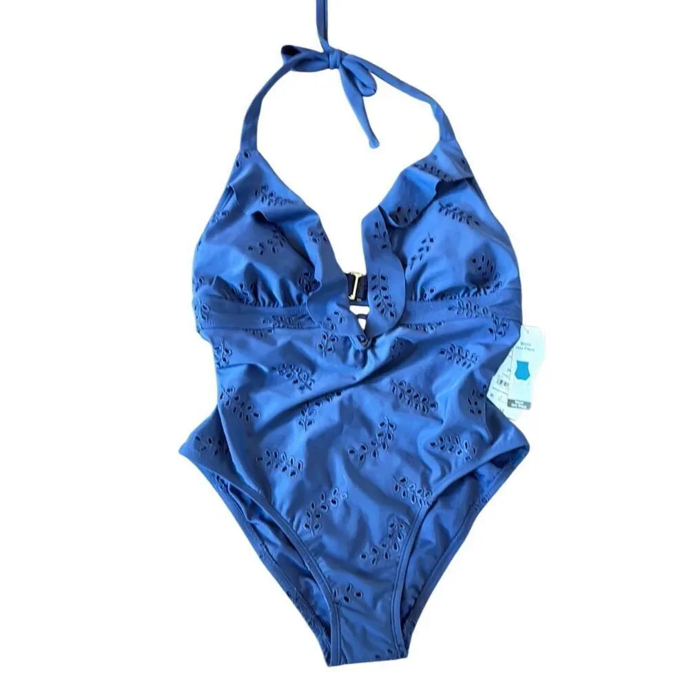 Time and Tru NWT navy eyelet halter one piece swimsuit small
